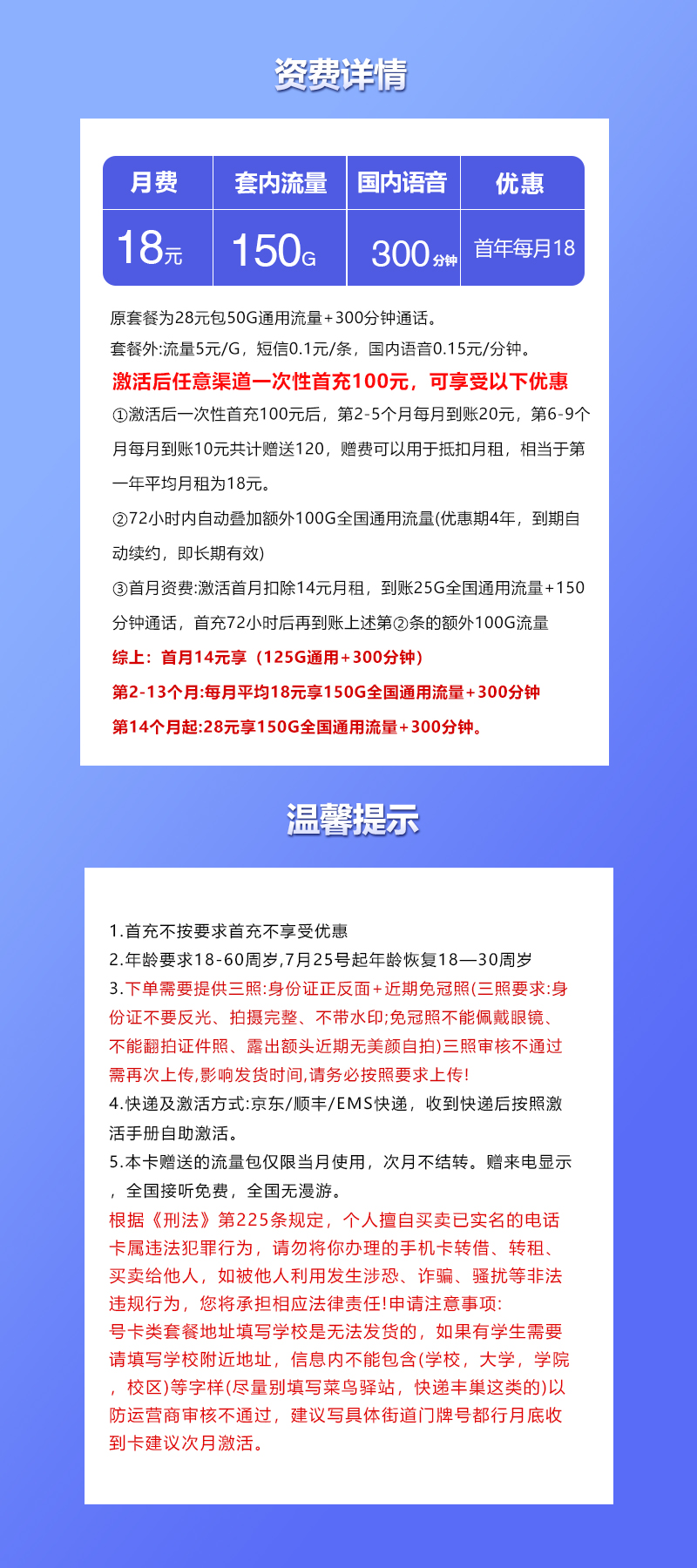 联通飞蕊卡18元包150G通用+300分钟通话