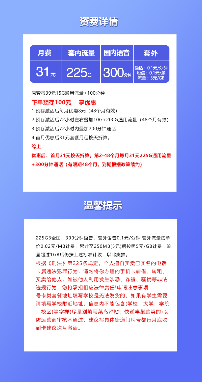 联通飞达卡31元包225G通用+300分钟通话