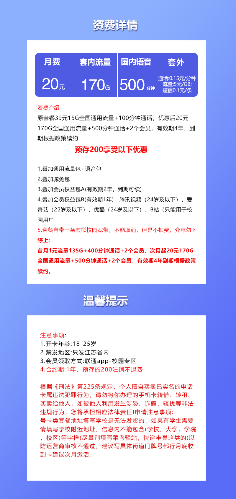 联通江苏卡20元包170G通用+500分钟通话+双会员权益